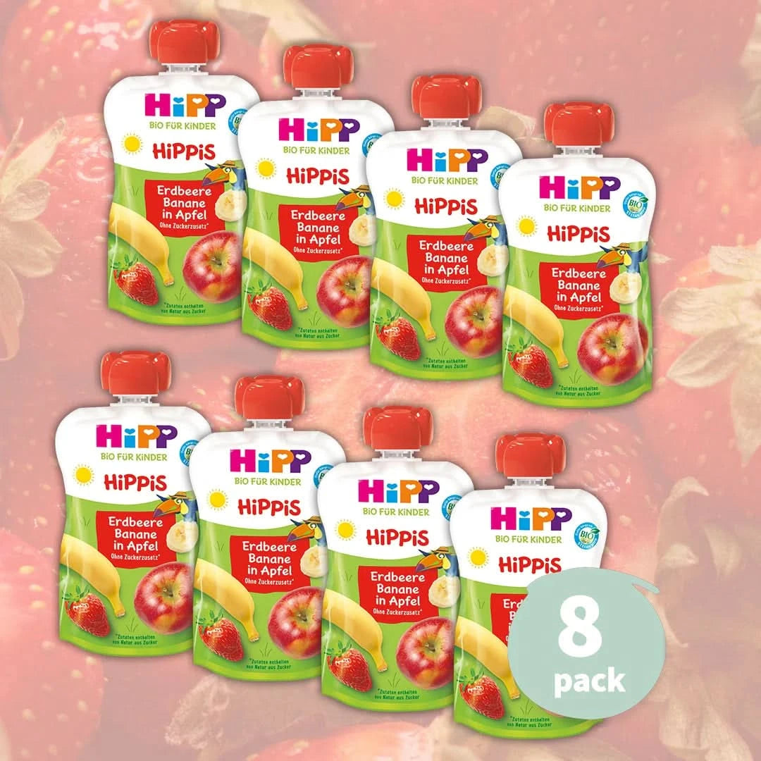 8x HiPP Strawberry Banana in Apple – Organic Fruit Pouches 12+ months (100g)