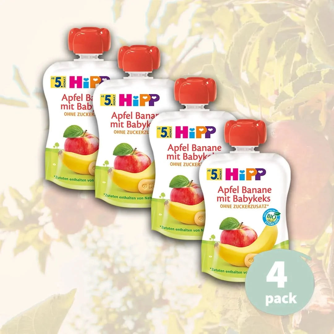 4x HiPP Apple Banana with Baby Biscuit - Organic Fruit Pouches 5+ months (90g)