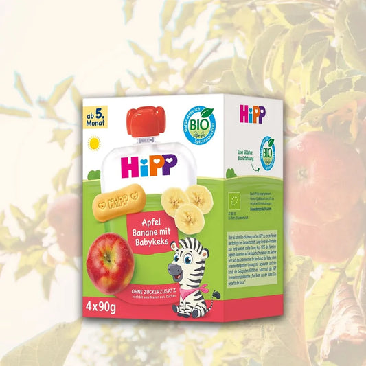 4x HiPP Apple Banana with Baby Biscuit - Organic Fruit Pouches 5+ months (90g)