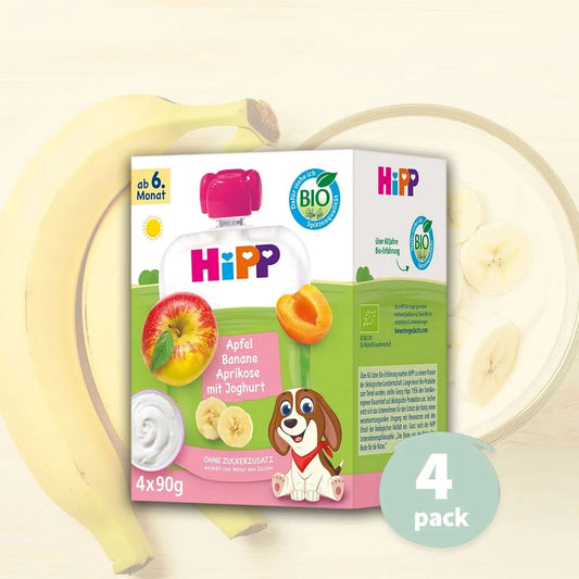 4x HiPP HiPP Apple Banana Apricot with Yogurt - Organic Fruit Pouches 6+ months (90g)