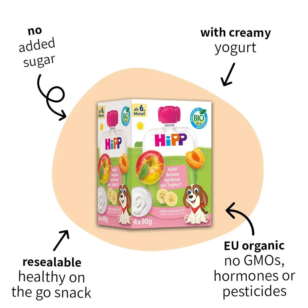 4x HiPP HiPP Apple Banana Apricot with Yogurt - Organic Fruit Pouches 6+ months (90g)