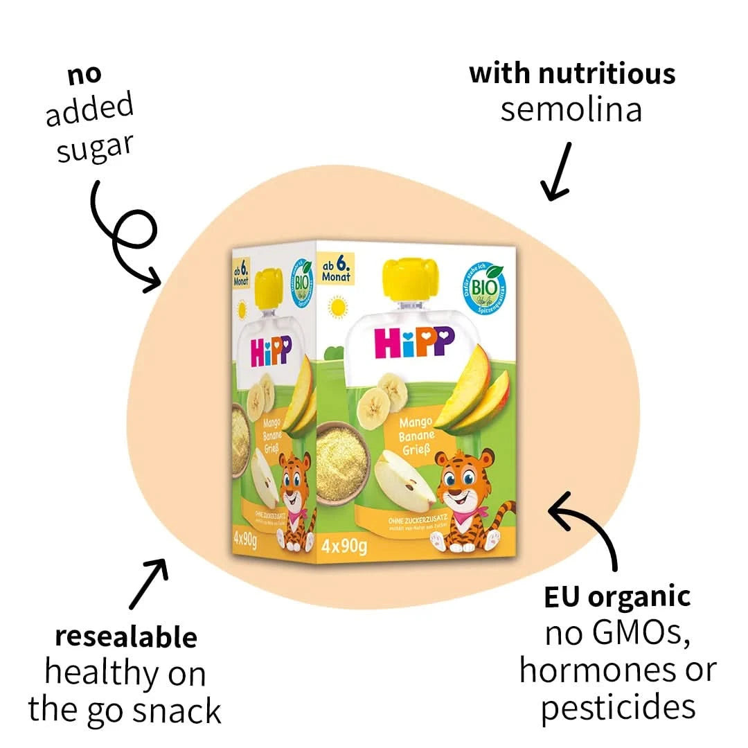 4x HiPP Mango Banana with Semolina - Organic Fruit Pouches 6+ months (90g)