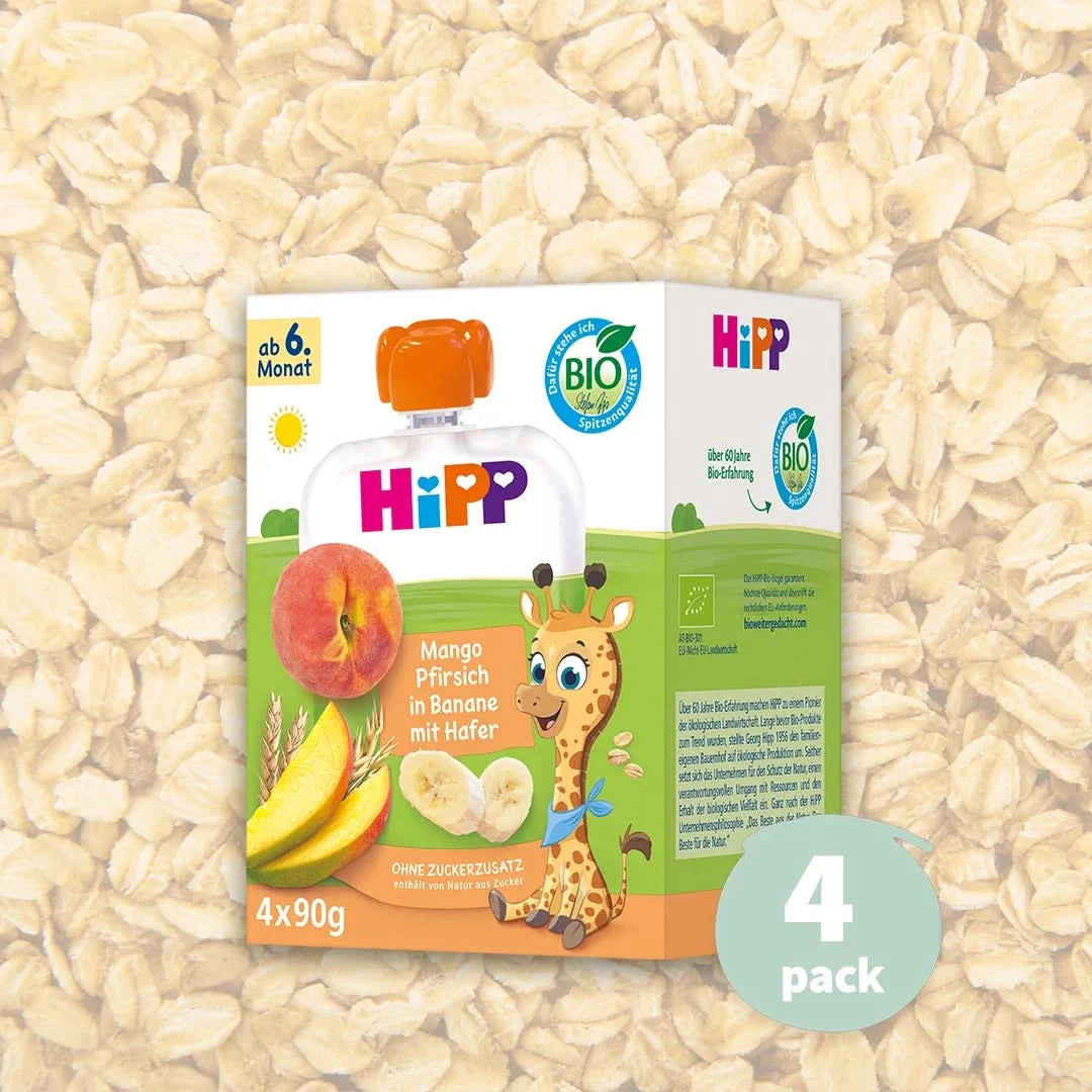 4x HiPP Mango Peach in Banana with Oats - Organic Fruit Pouches 6+ months (90g)