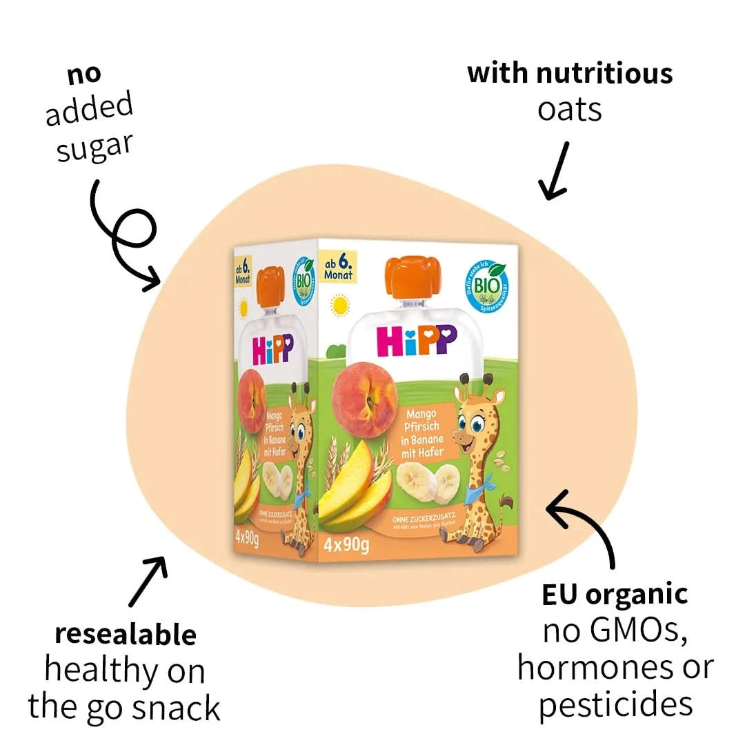4x HiPP Mango Peach in Banana with Oats - Organic Fruit Pouches 6+ months (90g)