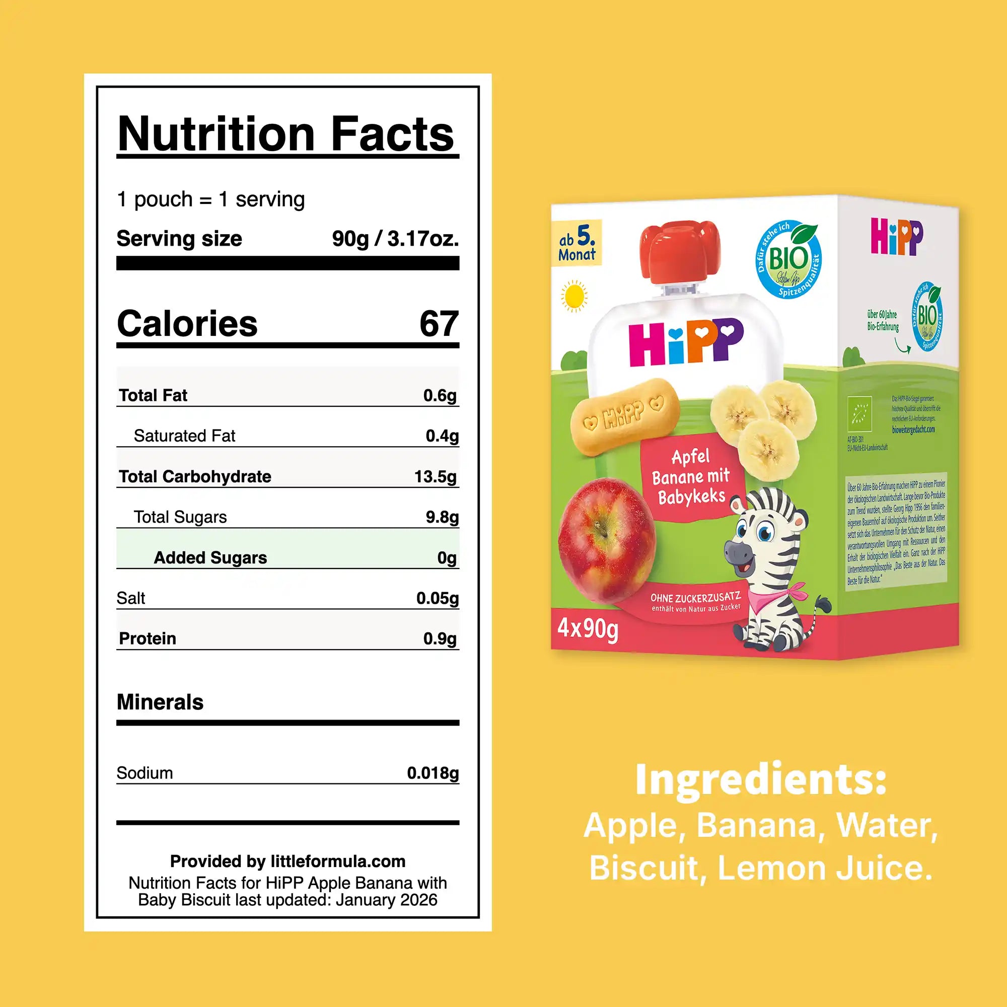 4x HiPP Apple Banana with Baby Biscuit - Organic Fruit Pouches 5+ months (90g)