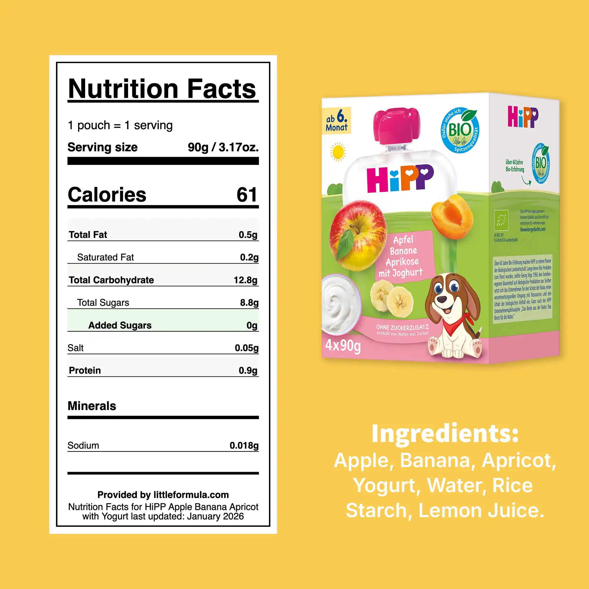 4x HiPP Apple Banana Apricot with Yogurt - Organic Fruit Pouches 6+ months (90g)